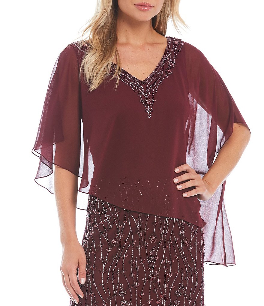 Jkara Petite Size V-Neck Beaded 3/4 Capelet Sleeve Popover Gown