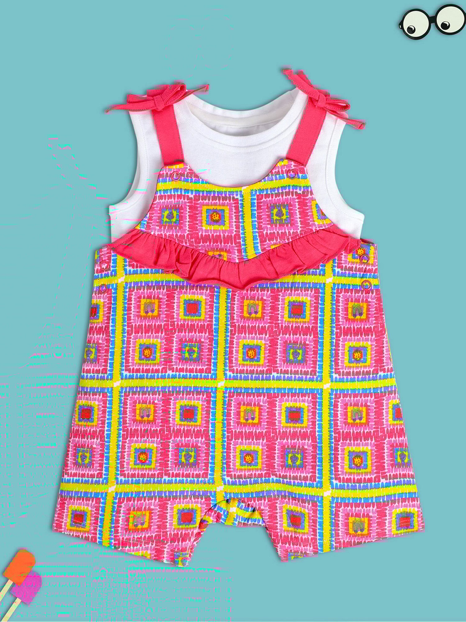 MINIKLUB Kids Pink & White Printed Top with Dungaree