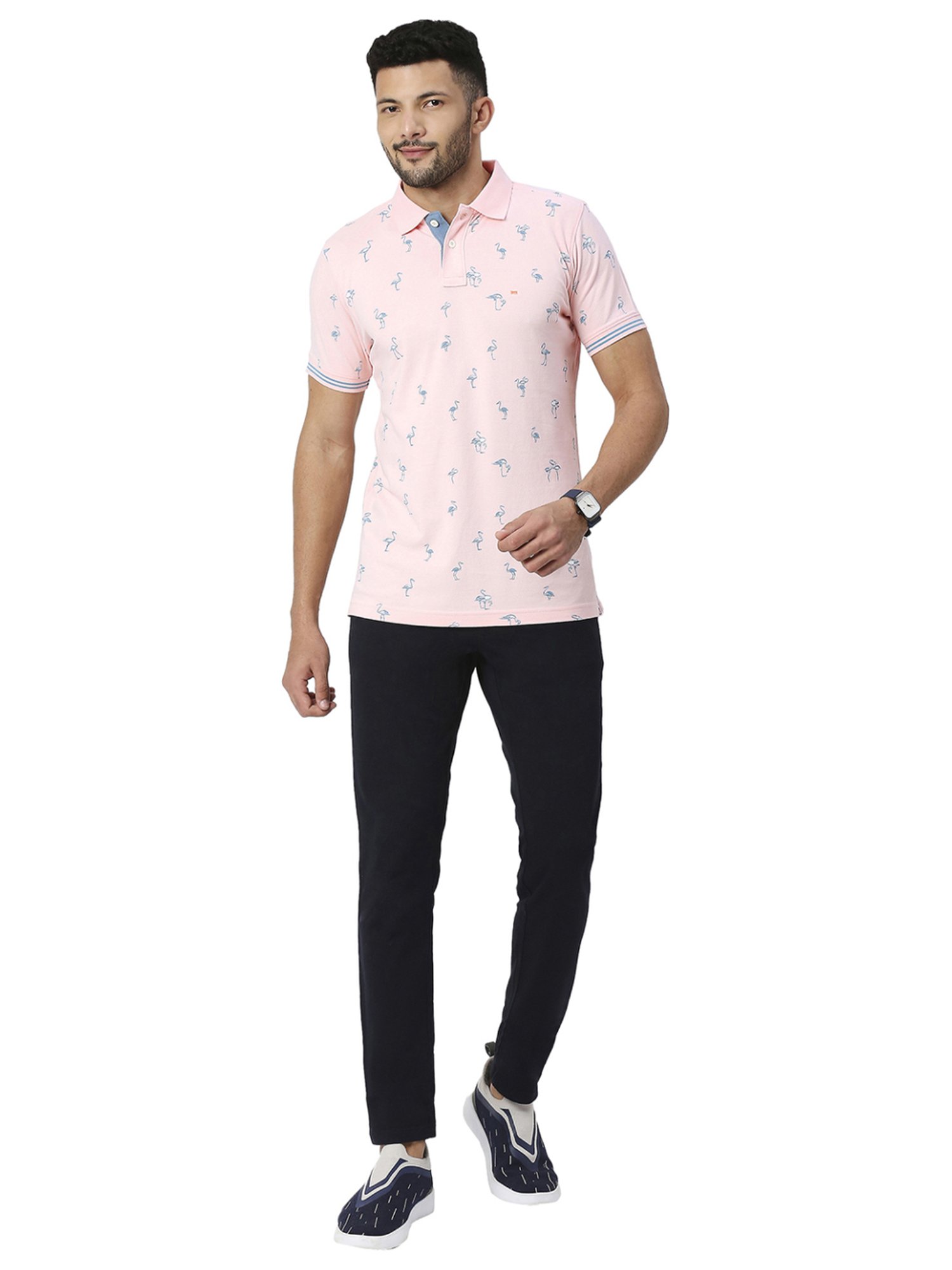 Basics Pink Slim Fit Printed Polo T-Shirt