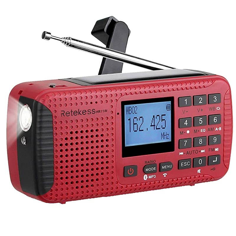 HR11W Digital NOAA Weather Radio, Solar Radio Bluetooth, Wind Up Radio Emergency with Phone Charger, TF Socket, SOS Alarm, for Hurricanes (Red)