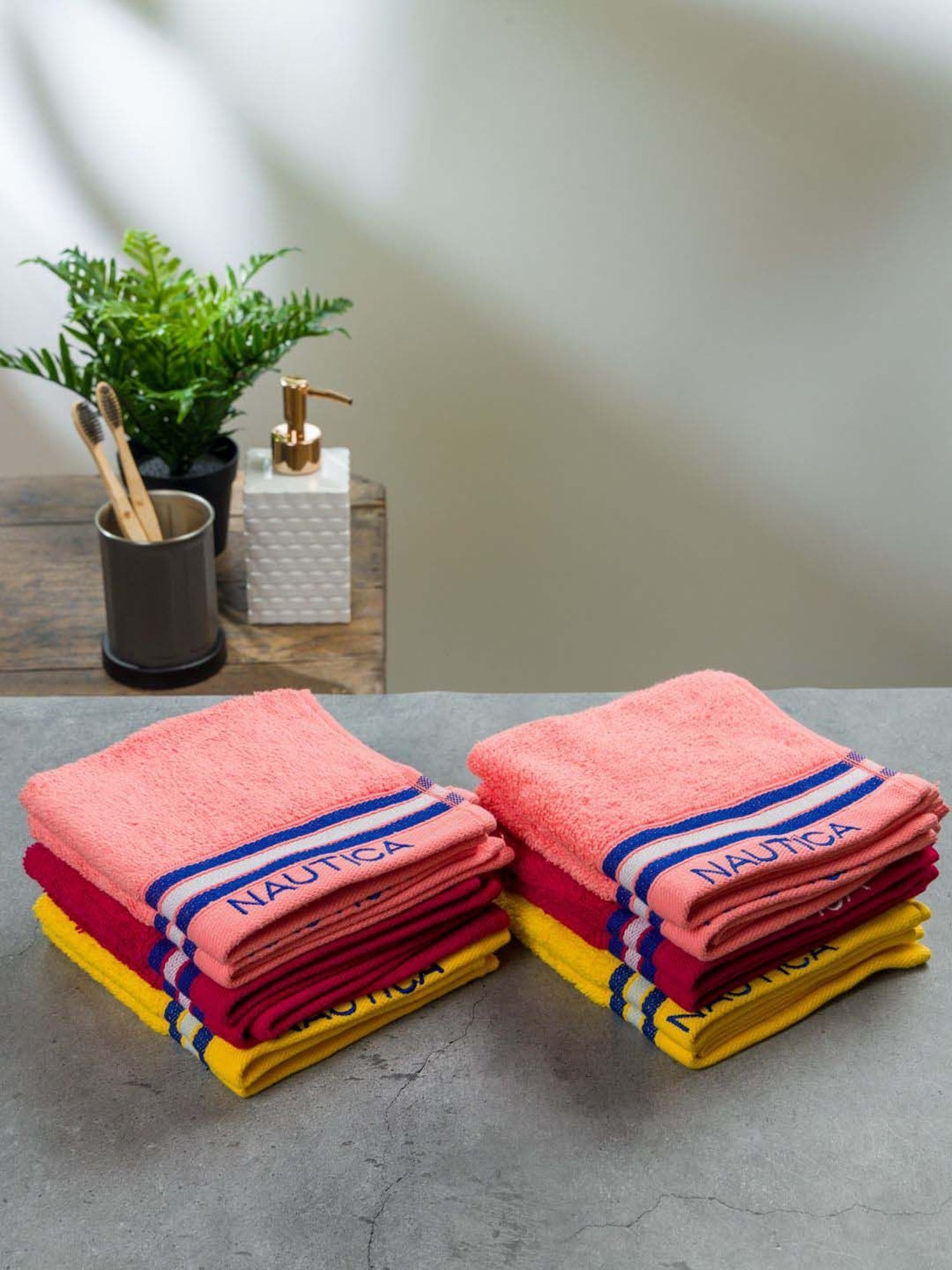 Nautica Vintage Crew Stripe Coral, Burgundy & Yellow Cotton 500 GSM Face Towel - Set of 12