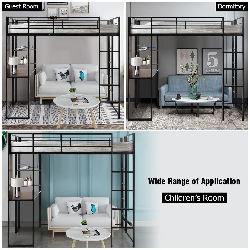 Costway Twin Size Metal Loft Bunk Bed Space-Saving Workstation Loft Bed w/ Bookcase