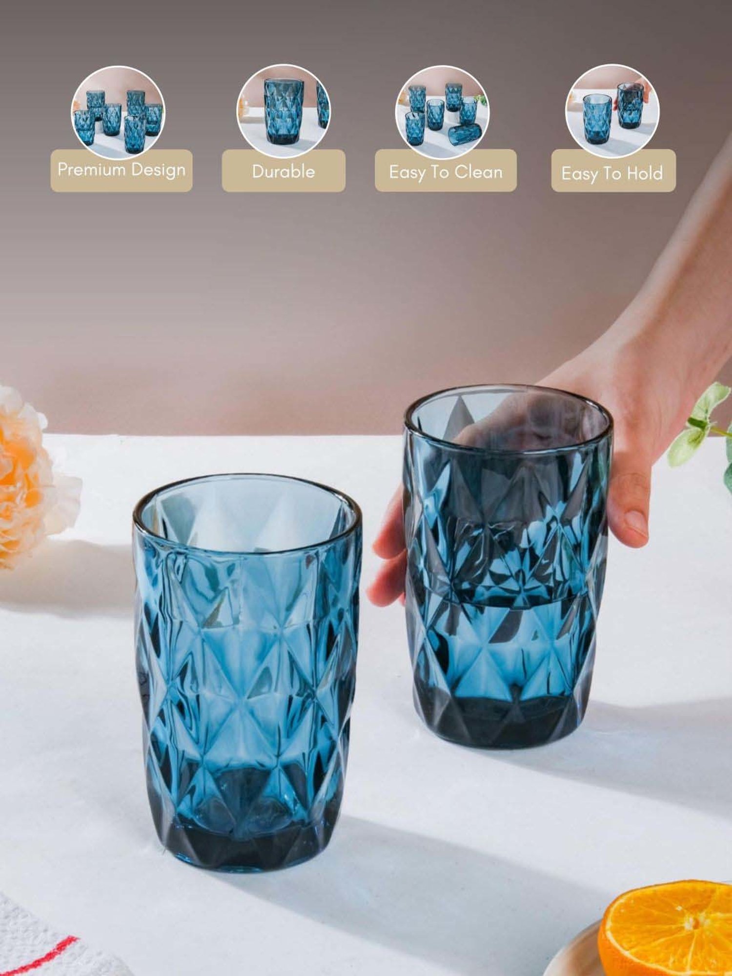 Nestasia high quality geometric design Crystal Blue large tumbler drinkware (Set of 6, each 350 ml)