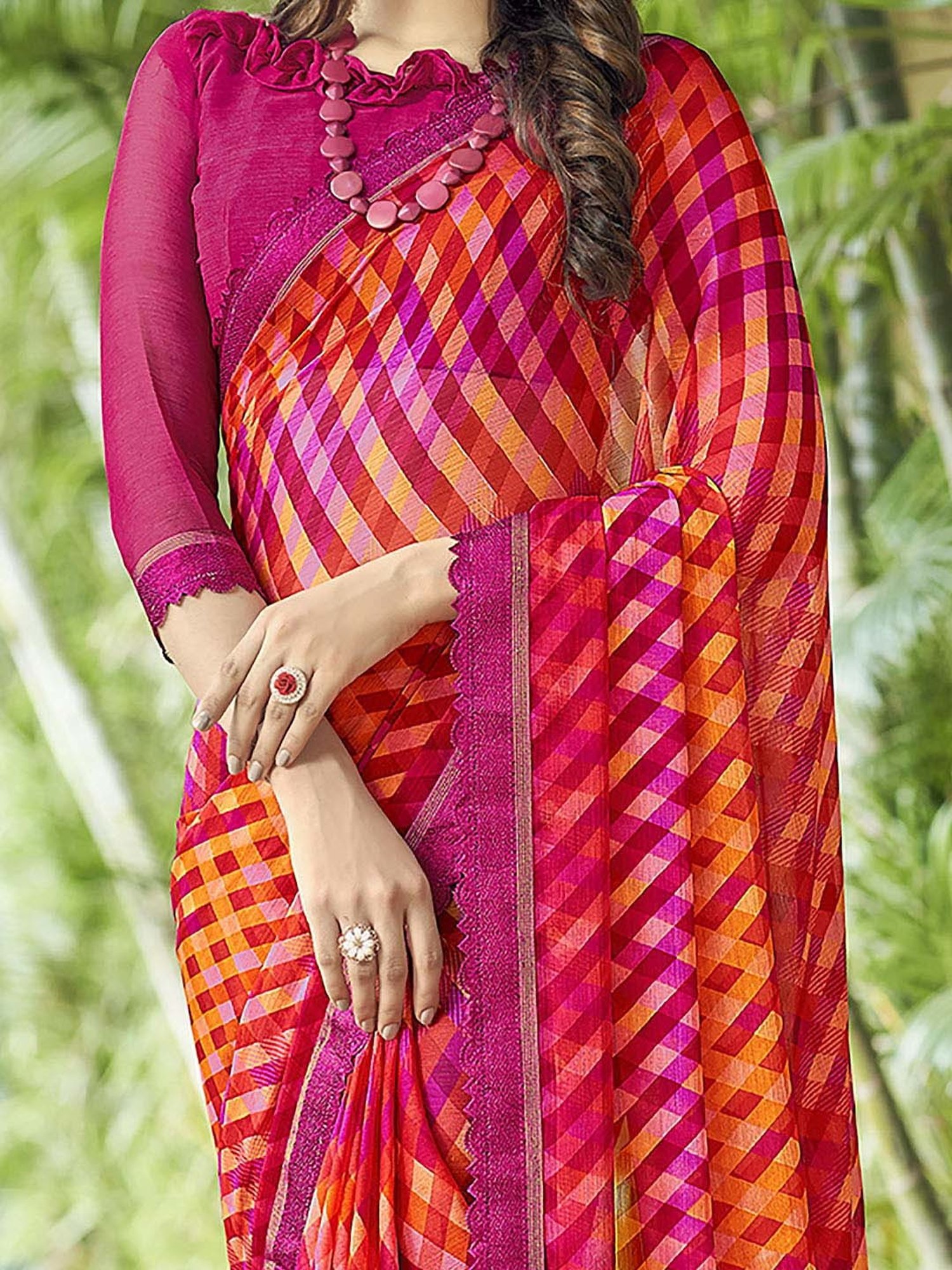 Saree Mall Orange & Purple Printed Saree With Unstitched Blouse