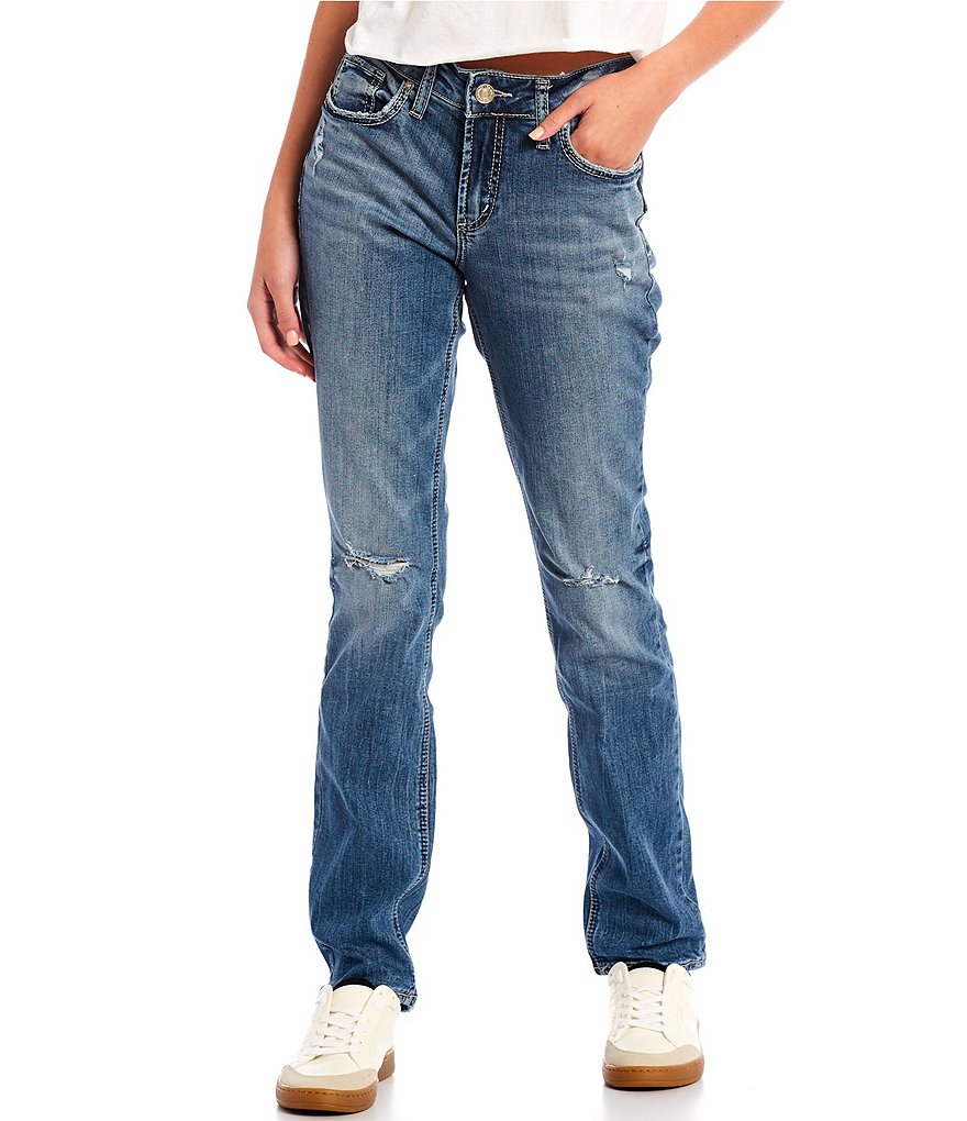 Silver Jeans Co. Elyse Mid Rise Distressed Power Stretch Straight Jeans