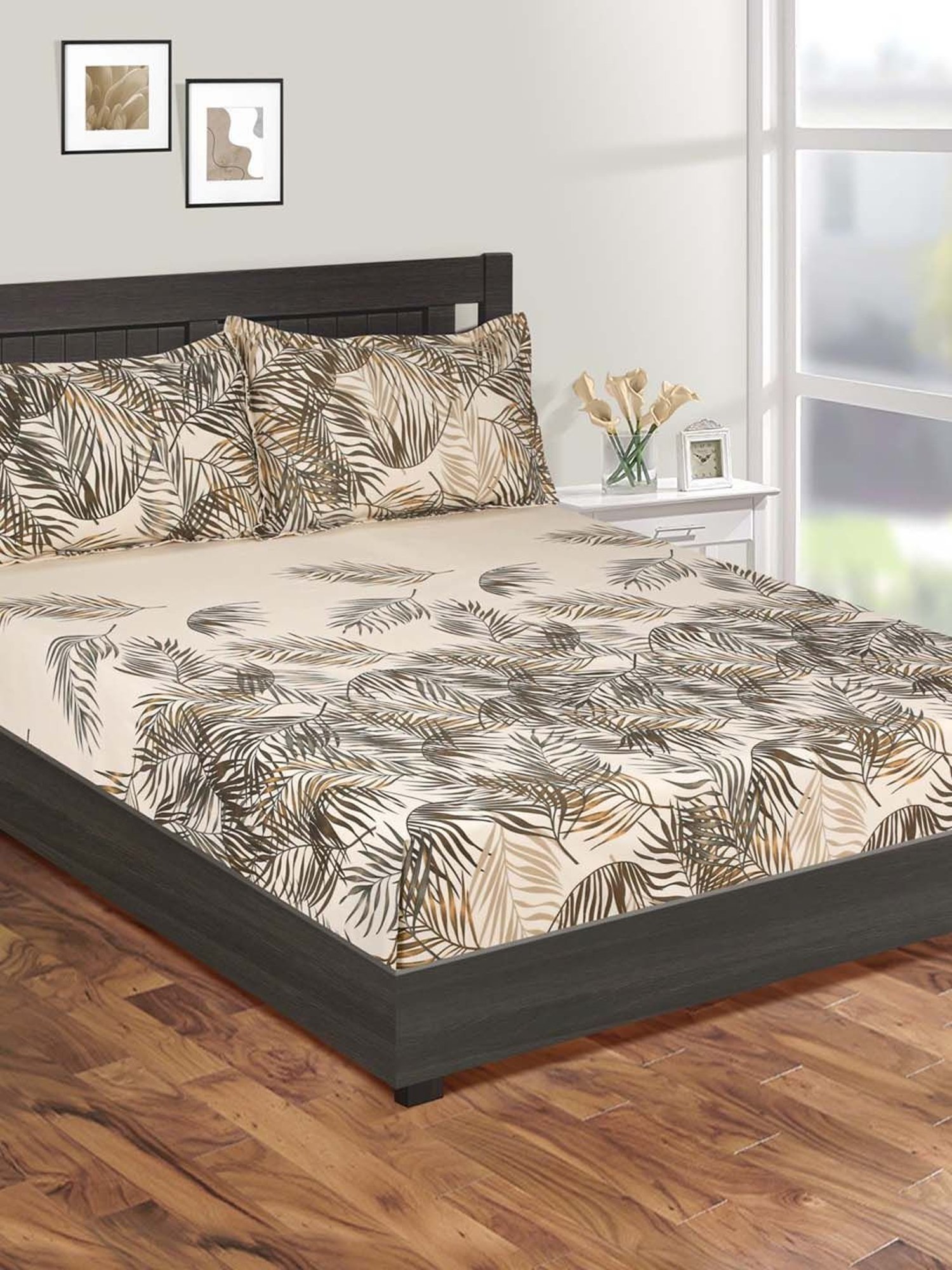 Swayam Brown & Beige Cotton 144 TC, 1 Double Bedsheet With 2 Pillow Cover