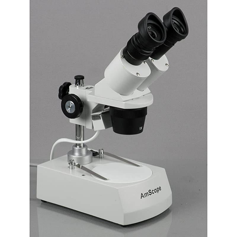 SE306R-P20 Forward-Mounted Binocular Stereo Microscope, WF20x Eyepieces, 40X and 80X Magnification, 2X and 4X Objectives, Upper and Lower Halogen Lighting, Reversible Black/White Stage Plate, Pillar