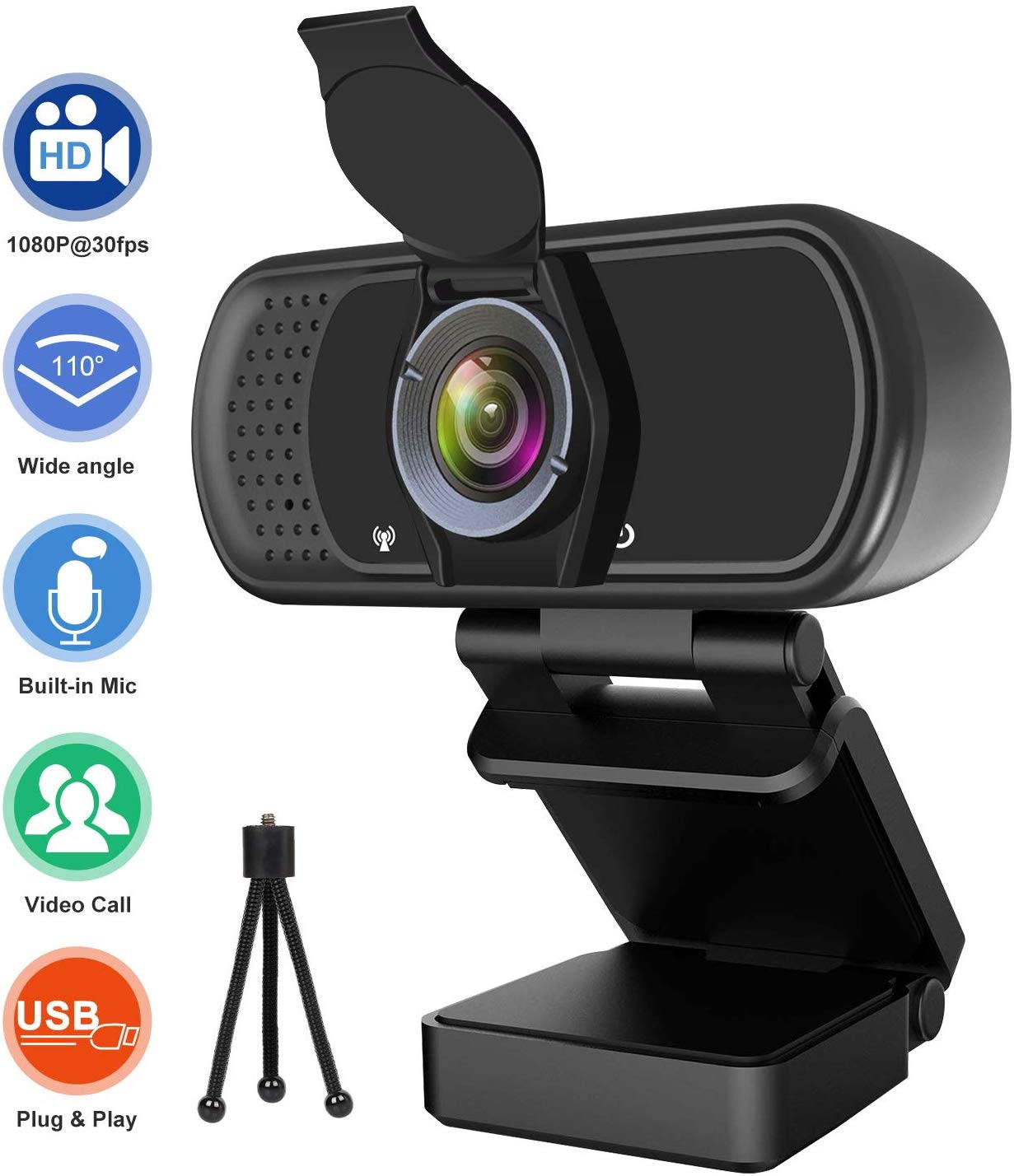 Webcam with Microphone, 1080P HD Webcam with Privacy Cover and Tripod, Streaming Computer Web Camera with 110-Degree Wide View Angle, USB PC Webcam for Video Calling Recording Conferencing