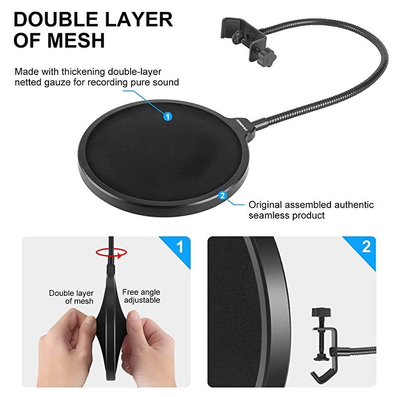 Professional Microphone Pop Filter Mask Shield For Blue Yeti and Any Other Microphone Dual Layered Wind Pop Screen With A Flexible 360&deg; Gooseneck Clip Stabilizing Arm