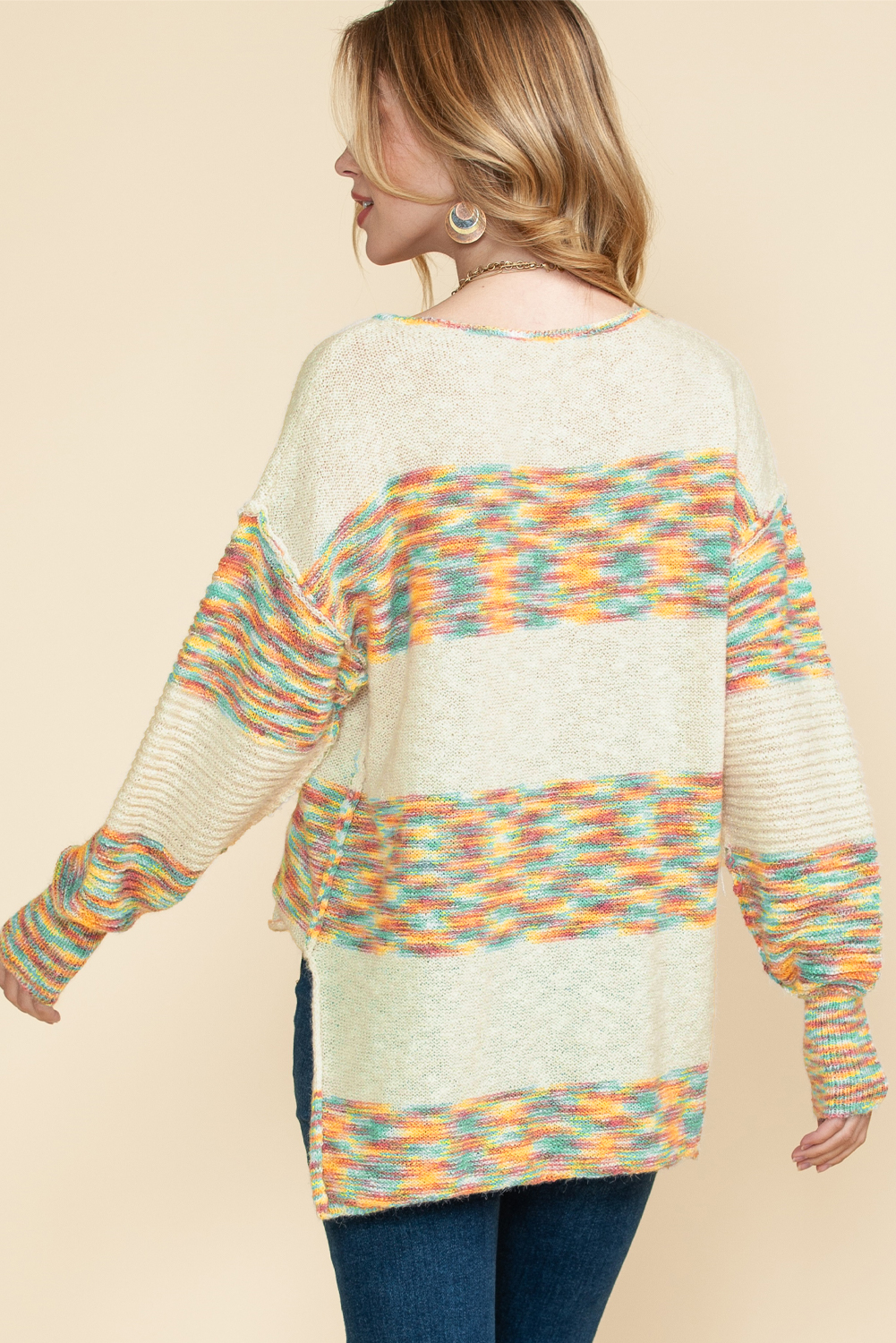 Yellow Drop Shoulder Henley Pullover Sweater With Slits