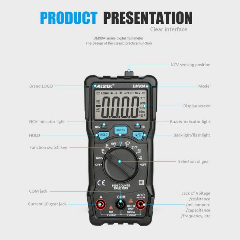 MESTEK DM90A 6000 Counts Auto-range True RMS LCD Digital Multimeter DC/AC Voltage/Current Meter Capacitance Resistance Tester Voltmeter Ammeter NCV Tester