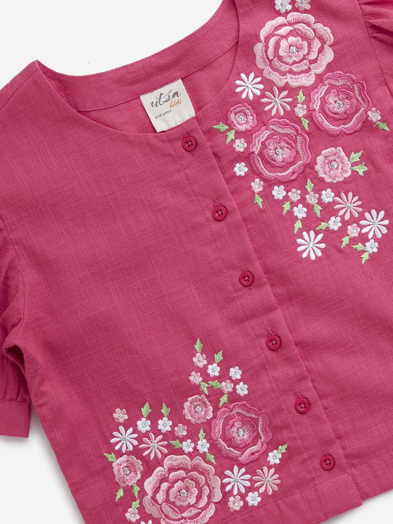Utsa Kids by Westside Dark Pink Floral Embroidered Cotton Ethnic Top