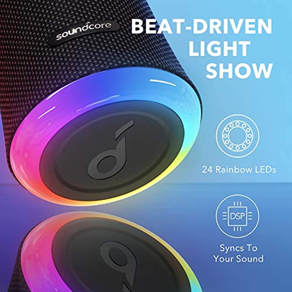 Anker Soundcore Flare 2 Bluetooth Speaker, with IPX7 Waterproof Protection and 360&deg; Sound for Backyard and Beach Party, 20W Wireless Speaker with PartyCast, EQ Adjustment, and 12-Hour Playtime, Black