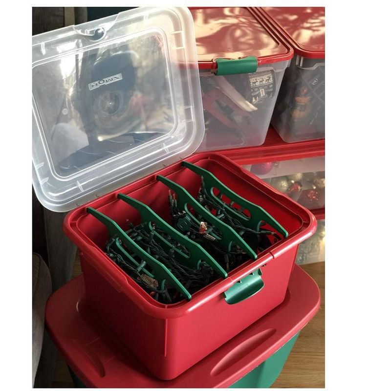 Homz Products Heavy Duty Holiday Christmas Tree Decorative Light Plastic Clear Snap Tight Secure Lid Storage Box Bin with 4 Cord Wrap Organizers, Red