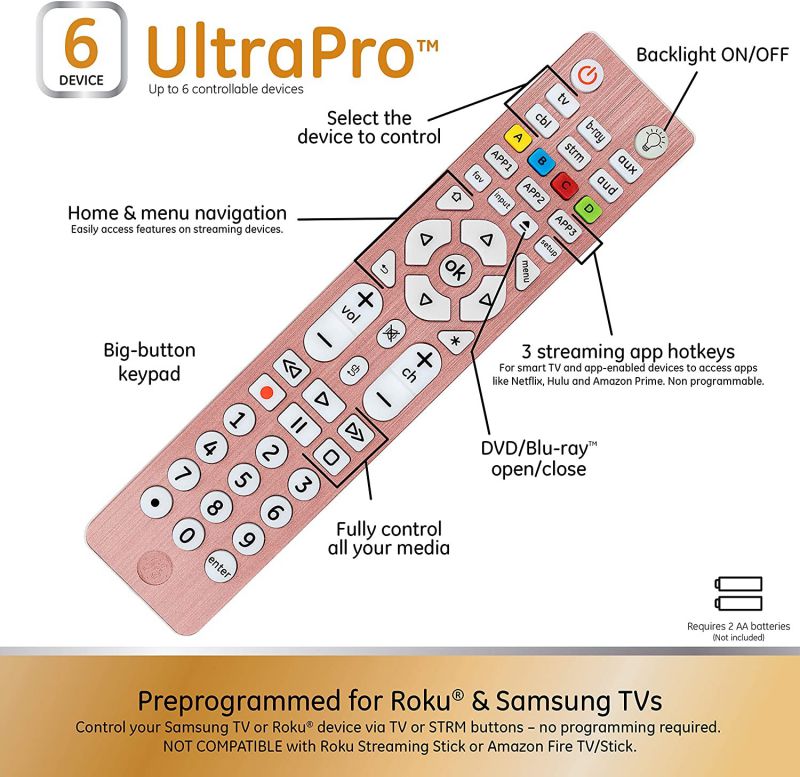 GE 6-Device Backlit Universal Remote Control for Samsung, Vizio, Lg, Sony, Sharp, Roku, Apple TV, Smart TVs, Streaming Players, Blu-Ray, DVD, Master Volume Control, Rose, 47505