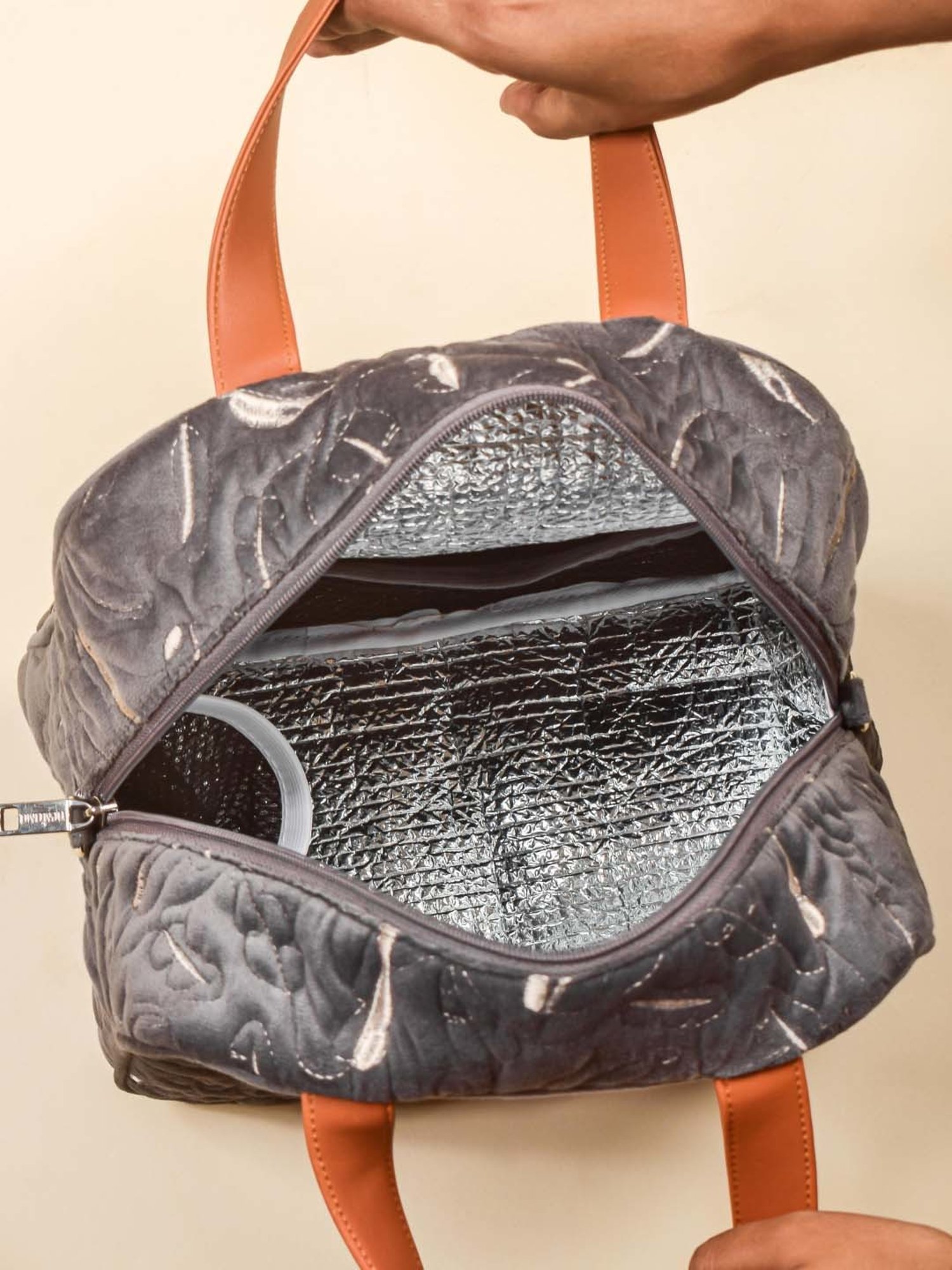 Nestasia High-Quality Insulated Velvet Grey Lunch Bag With Adjustable Shoulder Strap & Handles