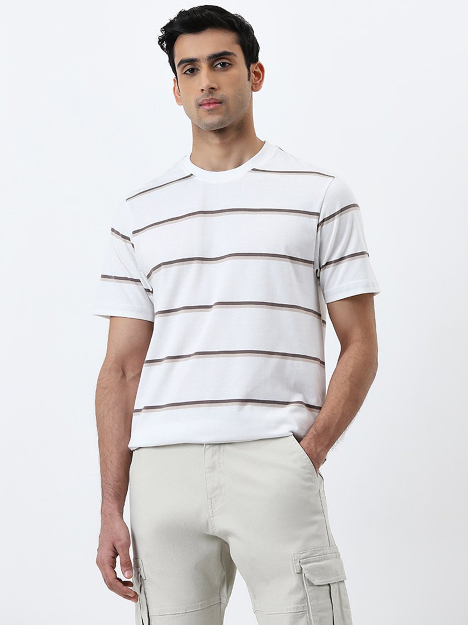 WES Lounge by Westside White Striped Slim-Fit T-Shirt