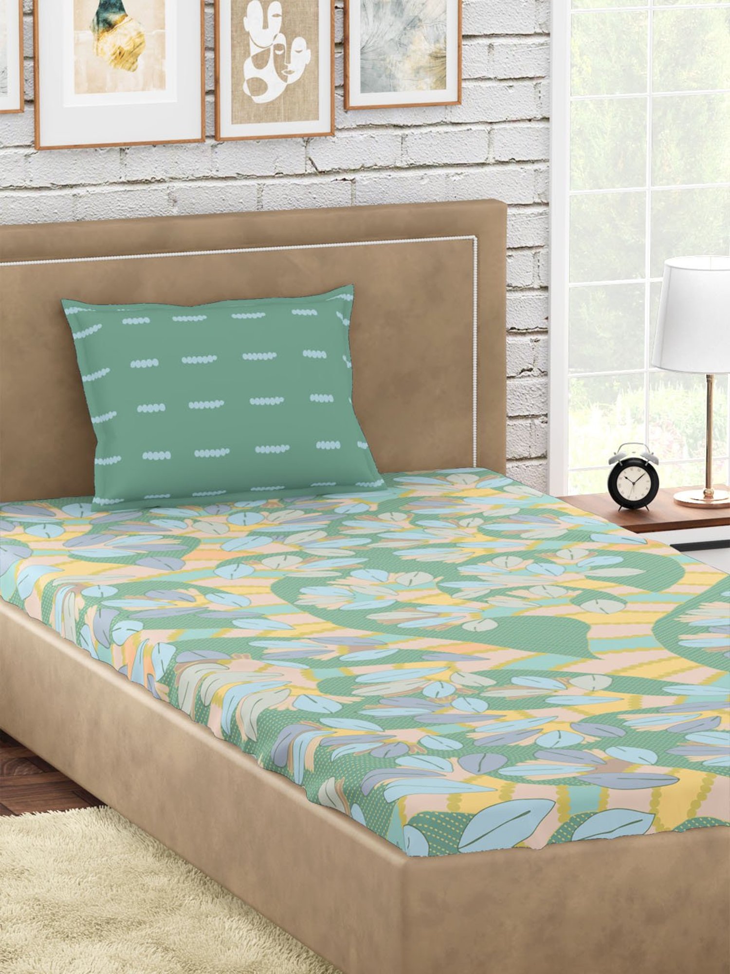 Petal Home Gondi Tree Floral Green 300 TC Cotton Single Bed Sheet with 1 Pillow Cover