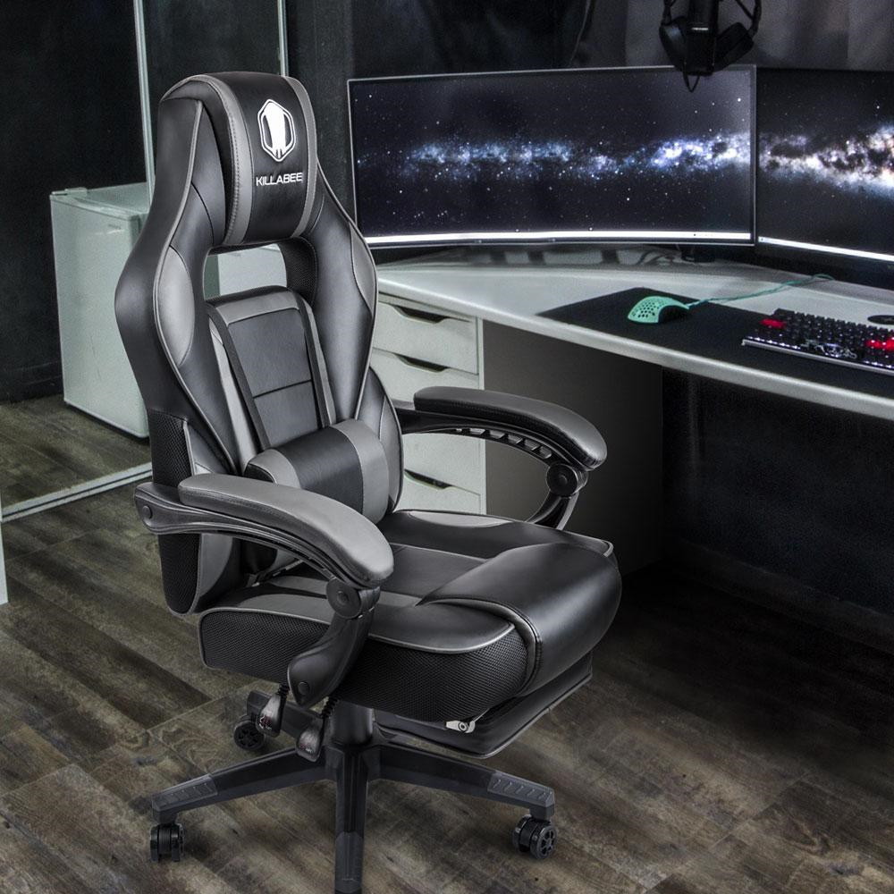 Massage Gaming Chair High Back PU Leather PC Racing Computer Desk Office Swivel Recliner with Retractable Footrest and Adjustable Lumbar Support