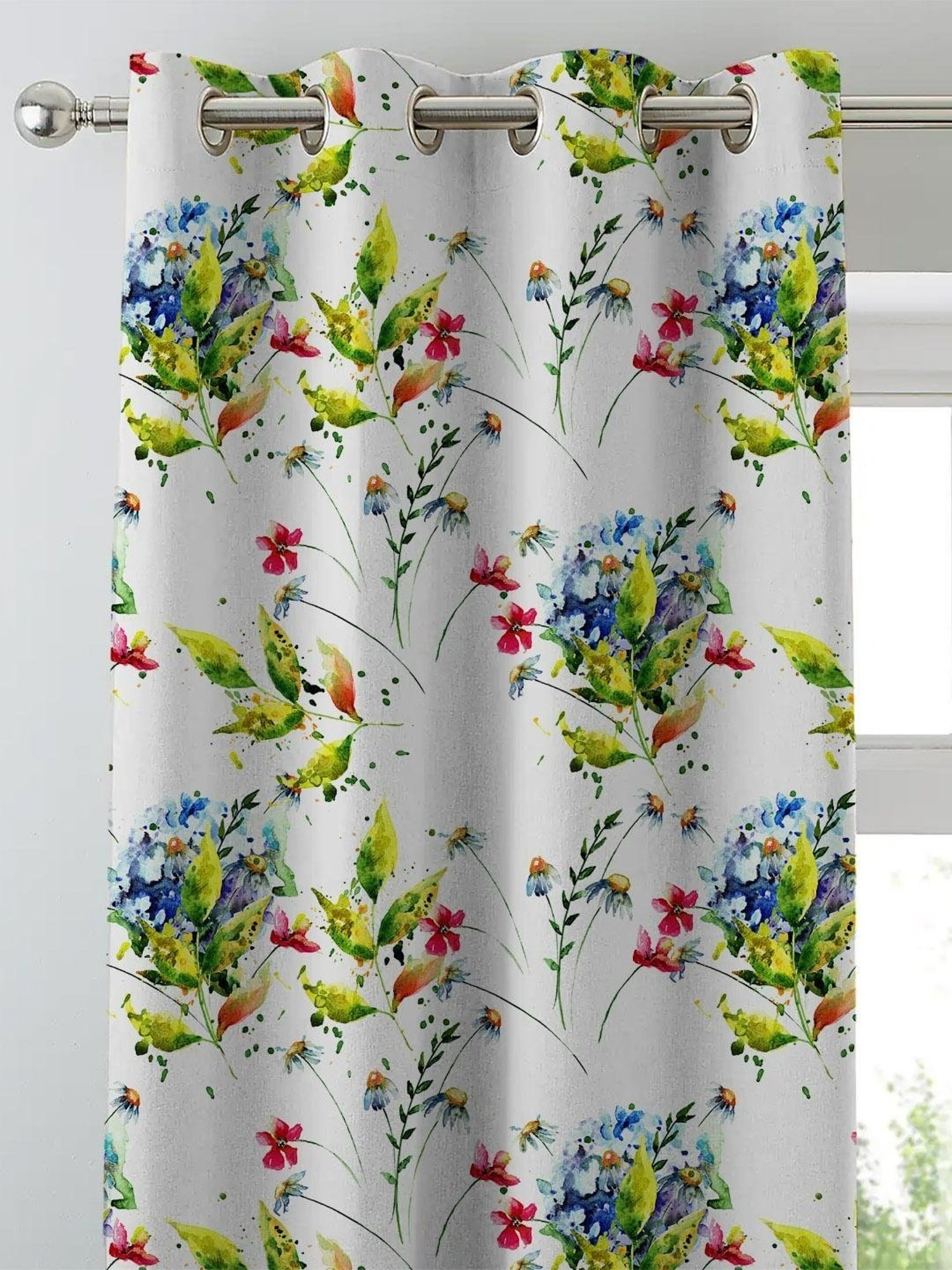 SPACES DRAPE STORY Elegent Floral Green & White Polyester 5 ft Window Curtains - Set of 2