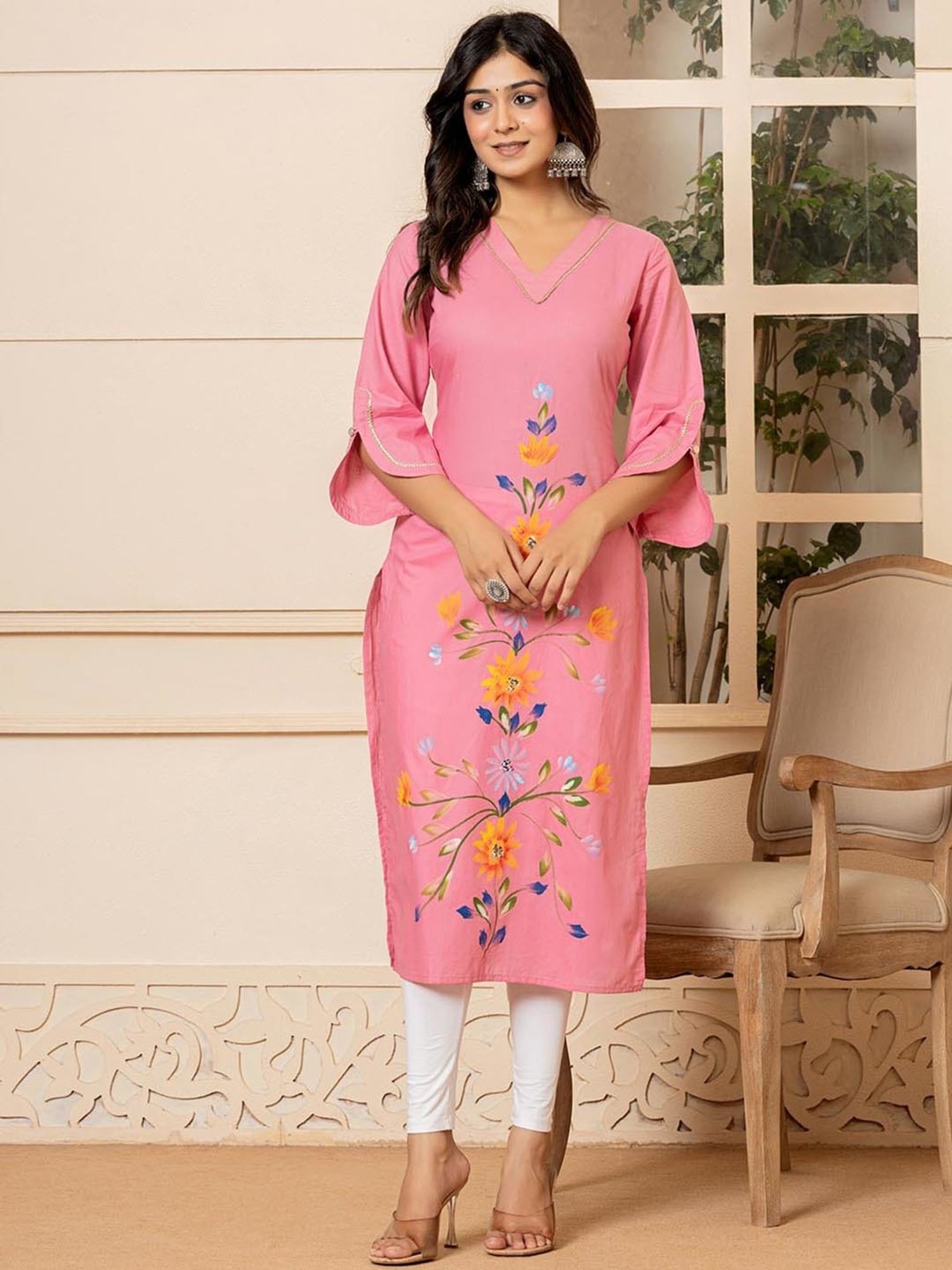 Yufta Pink Cotton Floral Print Straight Kurta