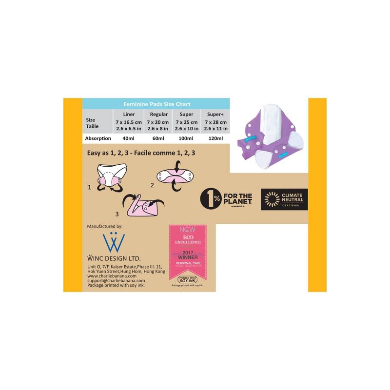 Charlie Banana Feminine Pad Super Absorbency - Peony Blossom - 3pk