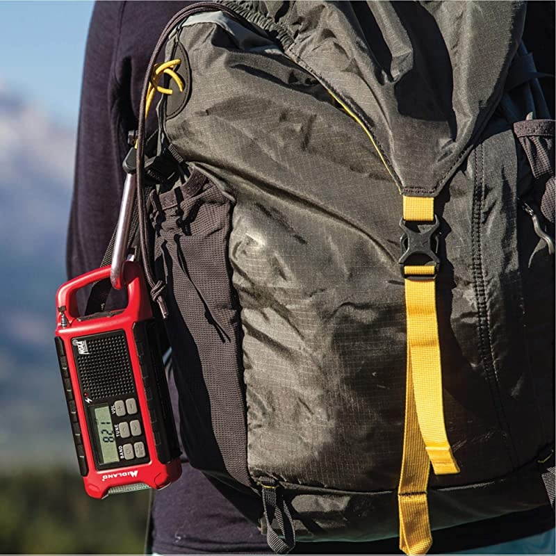 ER210 Emergency Compact Crank Weather AMFM Radio Multiple Power Sources SOS Emergency Flashlight NOAA Weather Scan + Alert amp SmartphoneTablet Charger RedBlack