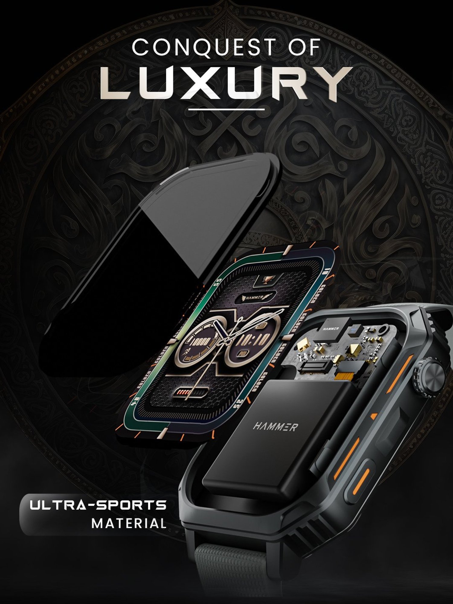 Hammer Conquer 2.02 inch AMOLED Smartwatch, Rugged Bluetooth Calling (Gold)