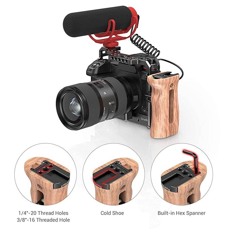Side Wooden Handle Grip for DSLR Camera Cage wCold Shoe Mount Threaded Holes Direction Changeable 2093