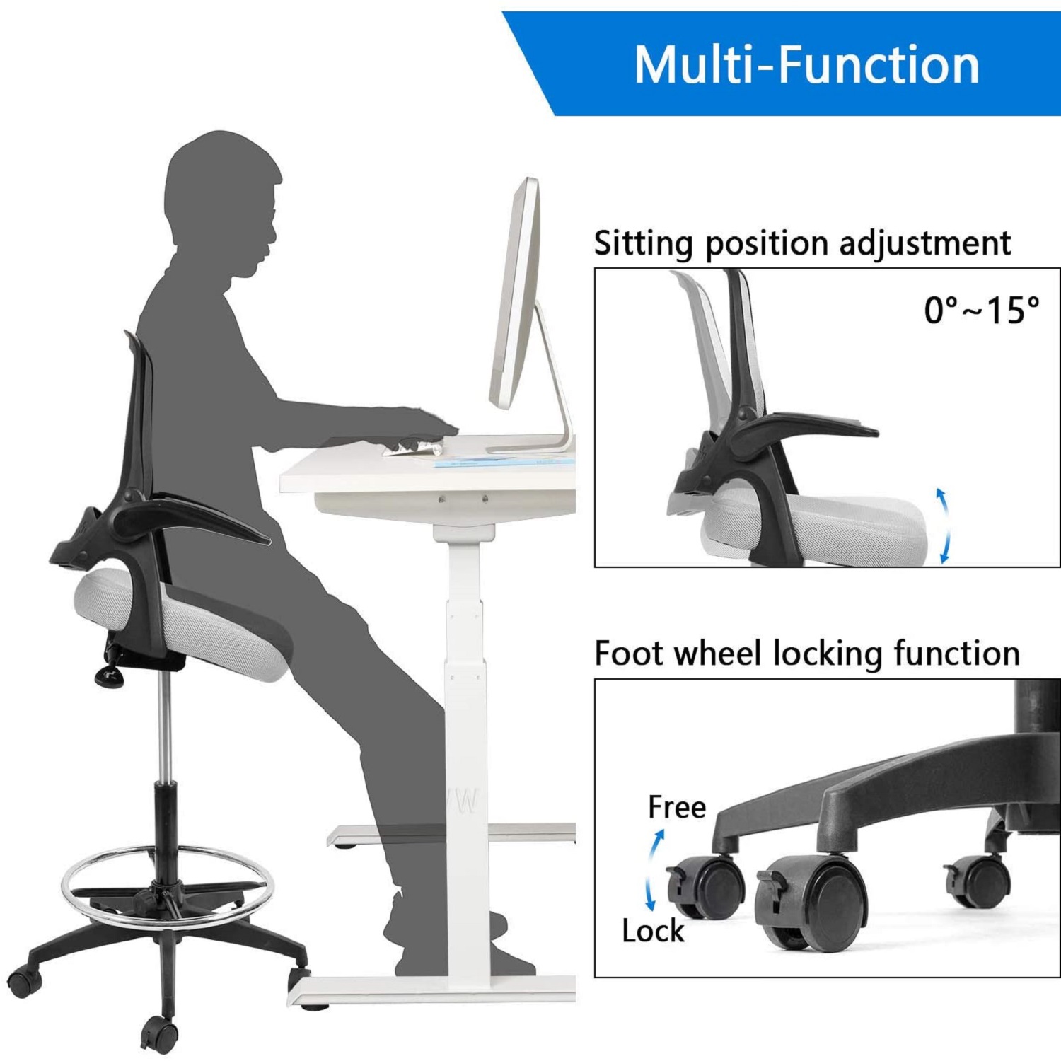 Devoko Drafting Chair with Flip-up Arms Tall Office Chair Executive Computer Standing Desk Chair with Lockable Wheel and Adjustable Footrest Ring (Black)