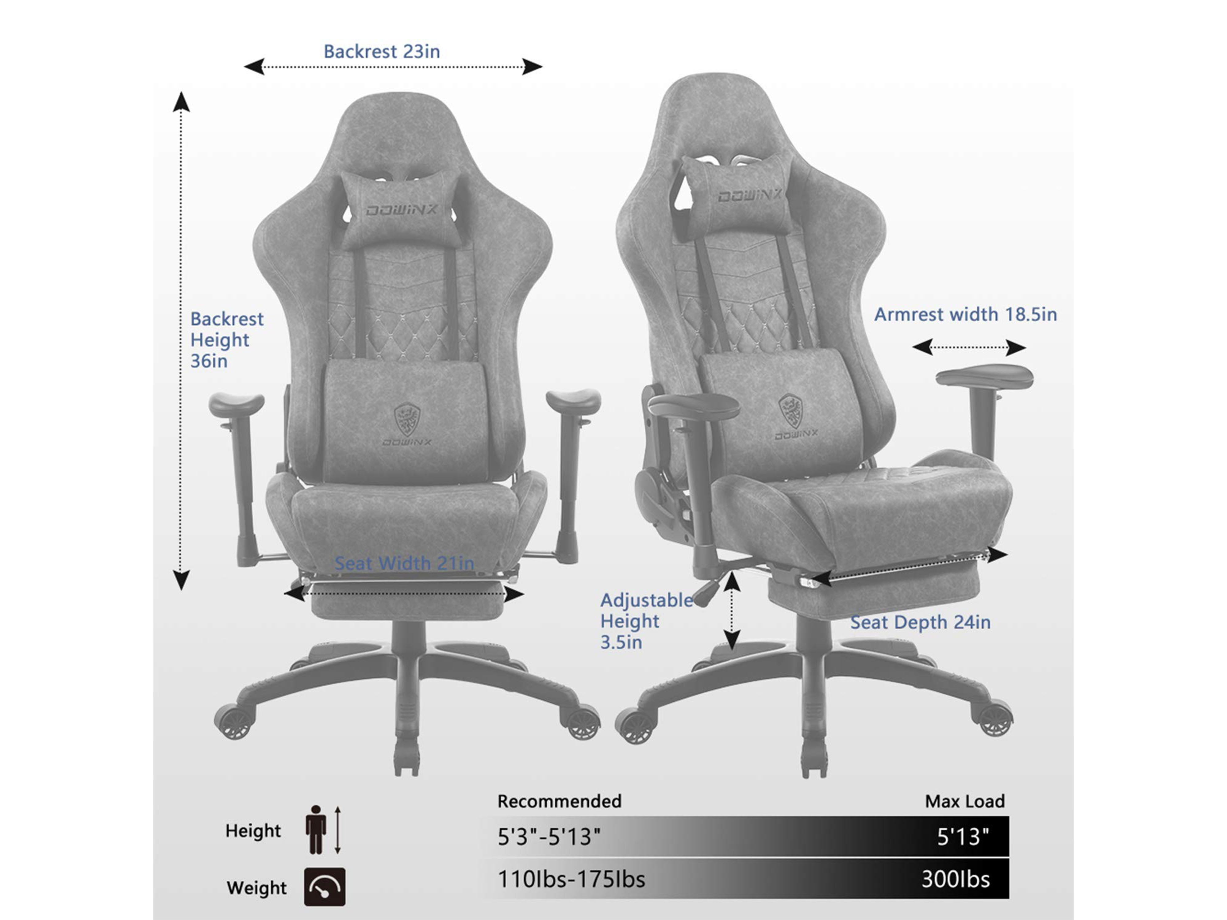 Dowinx Gaming Chair Ergonomic Retro Style Recliner with Massage Lumbar Support Office Armchair for Computer PU Leather with Retractable Footrest Grey