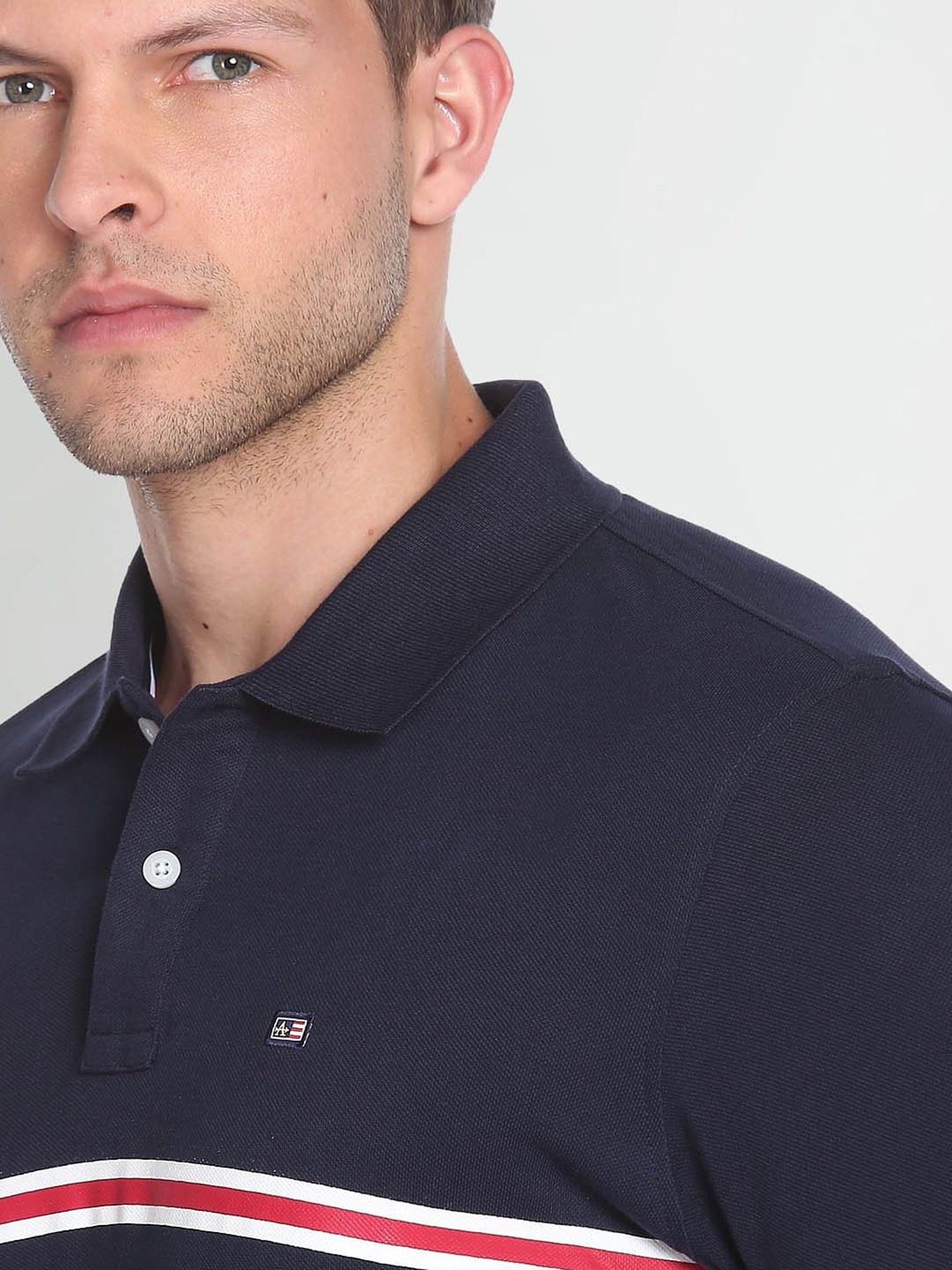 Arrow Sport Navy Blue Cotton Regular Fit Striped Polo T-Shirt