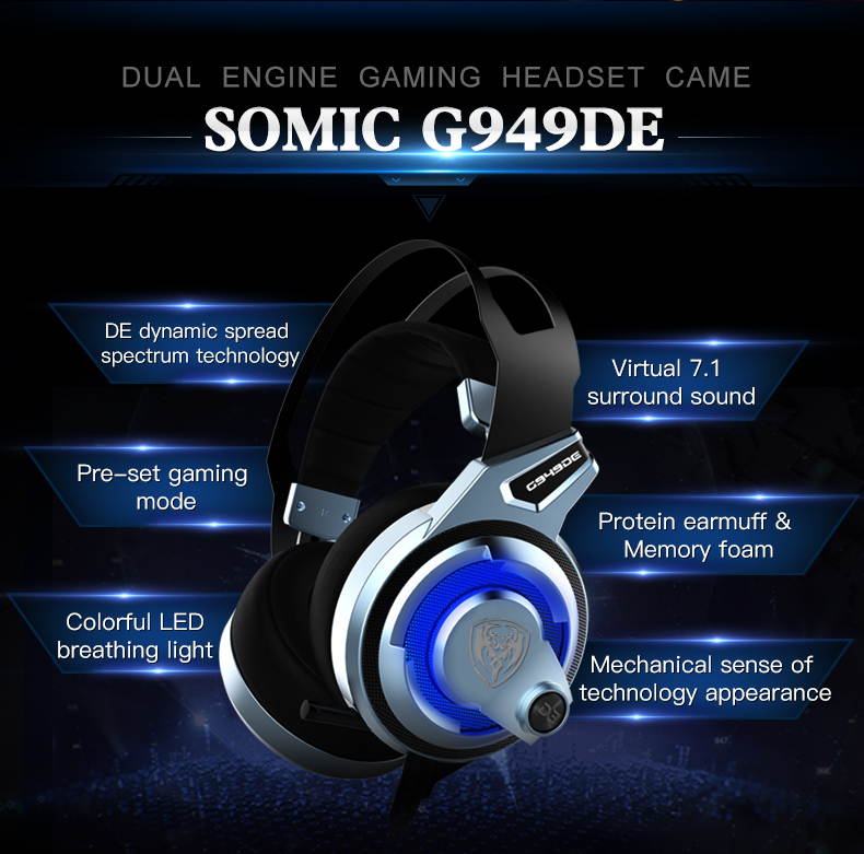 Somic G949DE,PC PS4 Gaming Headset Noise Cancelling Overear,7.1 Virtual Surround Stereo Sound,Mic and Colorful LED Lights,USB Plug