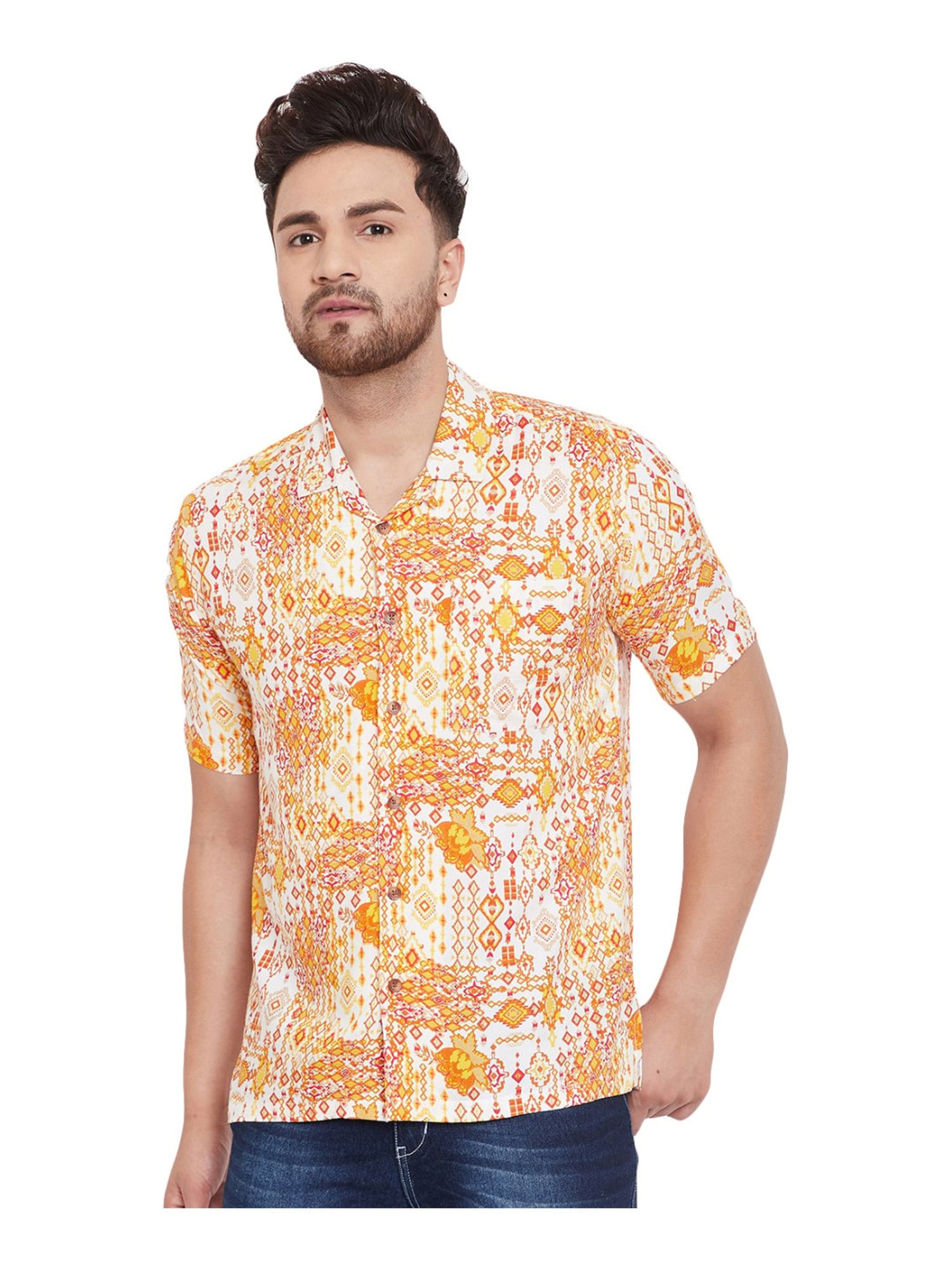 Even Yellow Slim Fit Printed Shirt