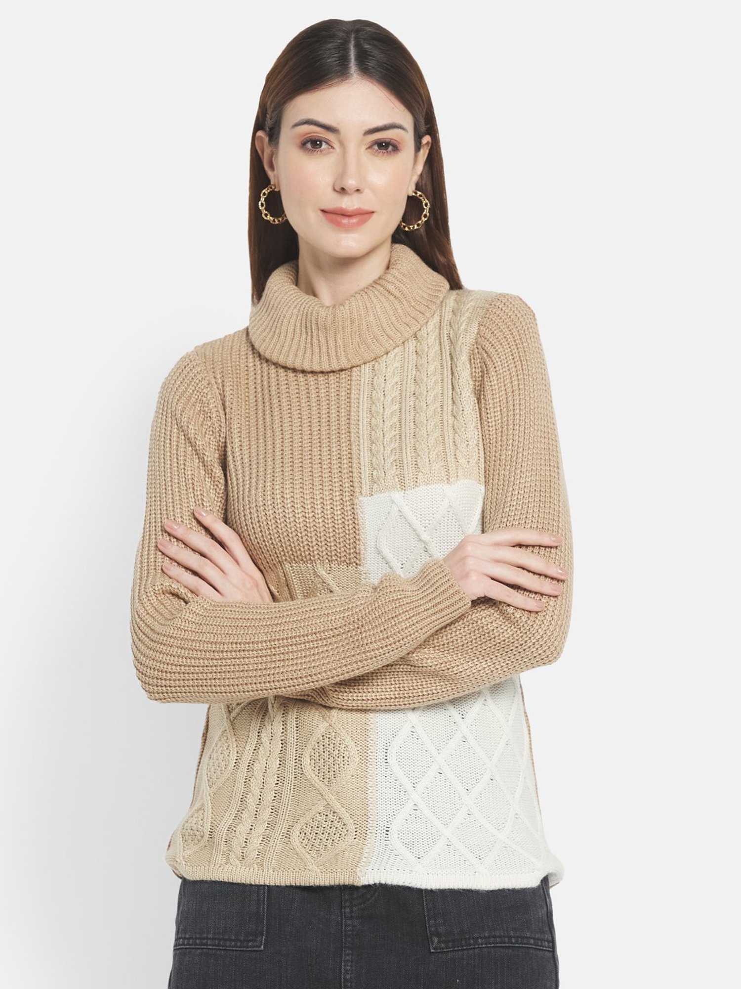 METTLE Beige & White Color Block Pattern Pullover
