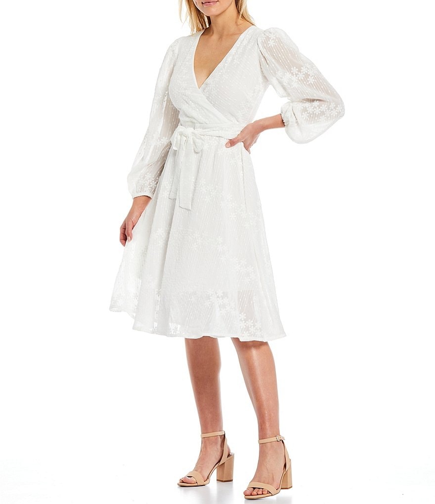 Kensie Belted Embroidered Long Sheer Sleeve Chiffon Wrap Dress
