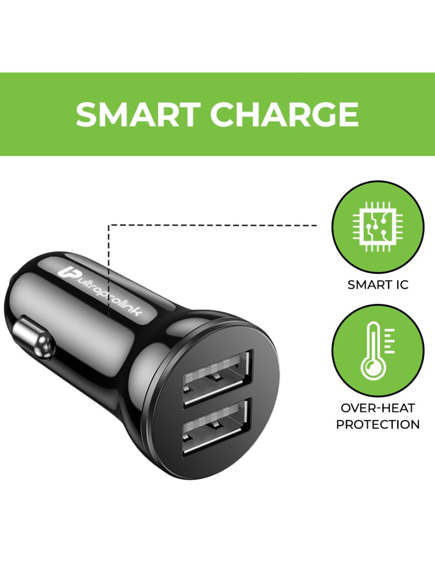 UltraProlink Mach12 UM1144C Fast Car Charger with Dual USB Ports, 2.4A/12W with Type C 1M Cable