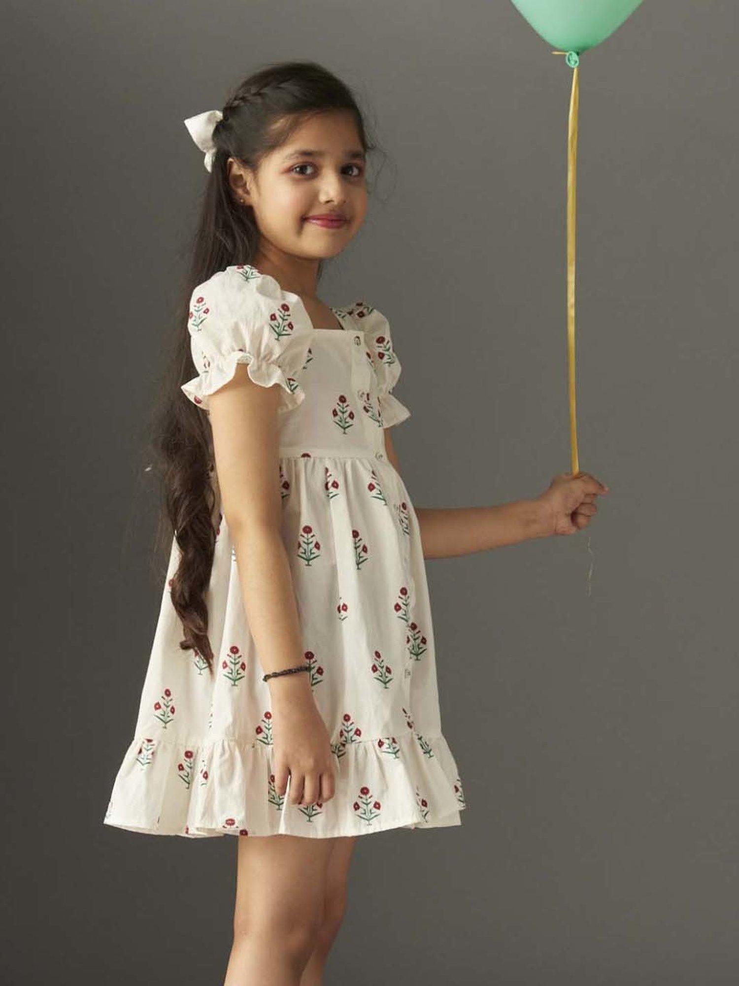 KidsDew Kids White Cotton Floral Print Dress