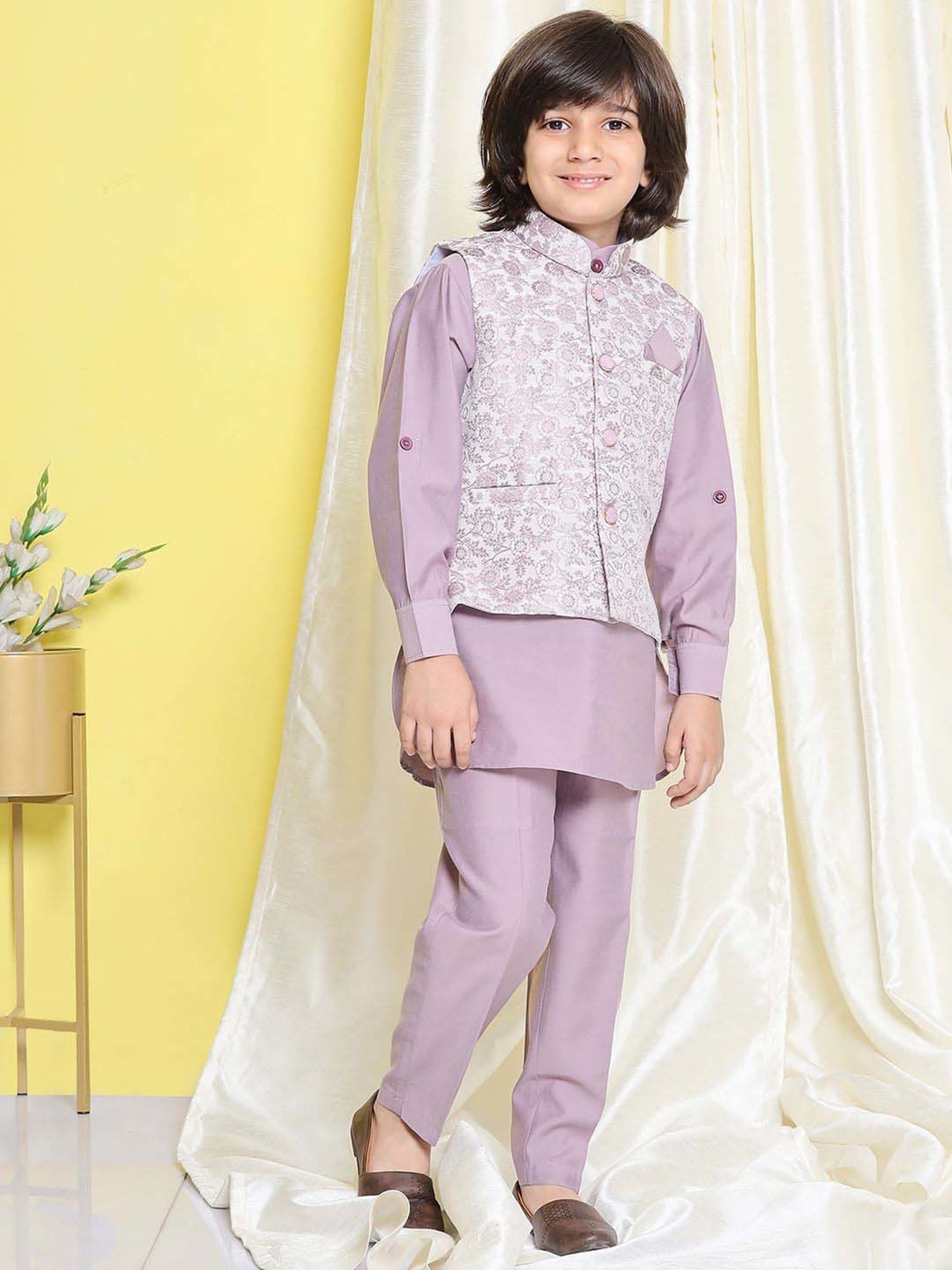 AJ Dezines Kids Purple Embroidered Full Sleeves Kurta Set