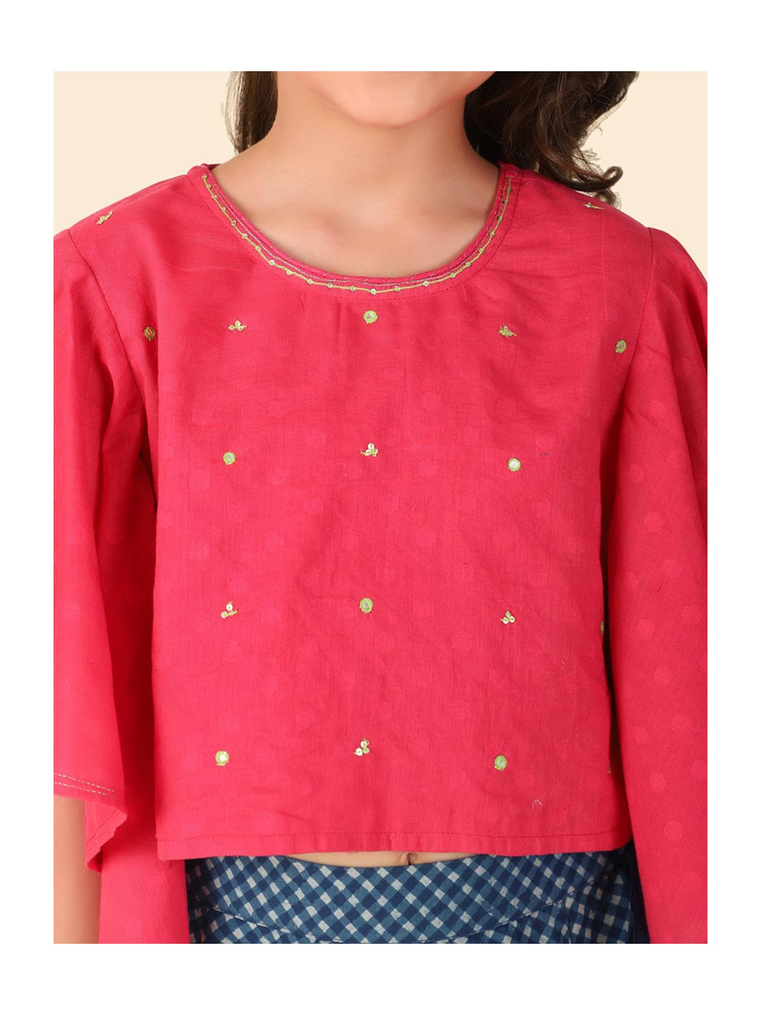 Fabindia Kids Pink & Blue Printed Lehenga With Choli