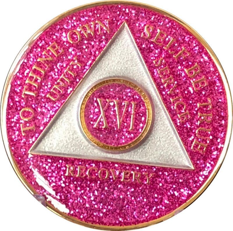 16 Year AA Medallion Glitter Pink Tri-Plate Chip XVI