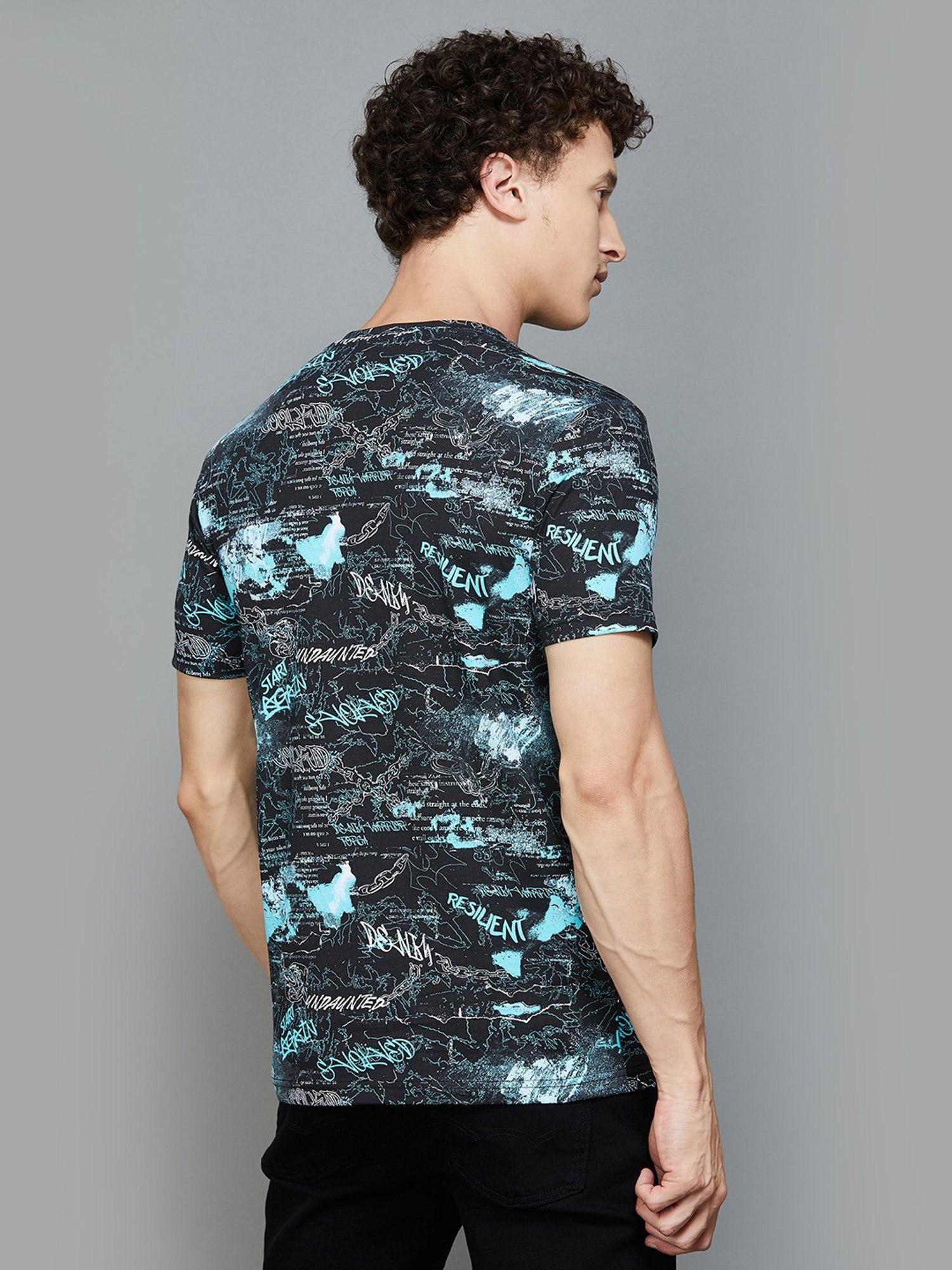 Forca by Lifestyle Black Regular Fit Printed Crew T-Shirt