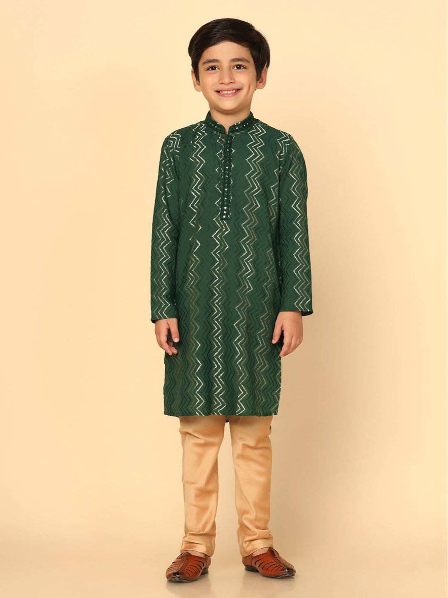 KISAH Kids Green & Golden Embroidered Full Sleeves Kurta Set