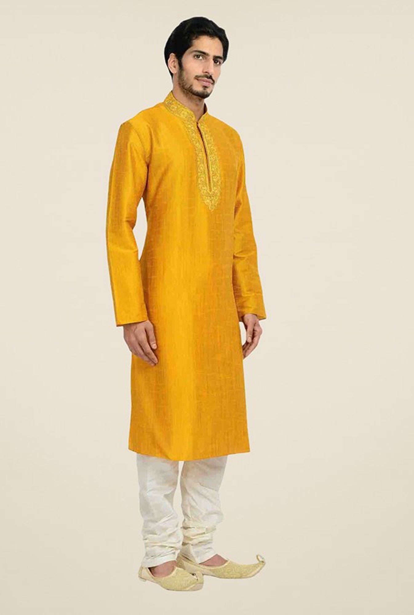 Manyavar Simple Gold & White Self Design Kurta & Churidar Set
