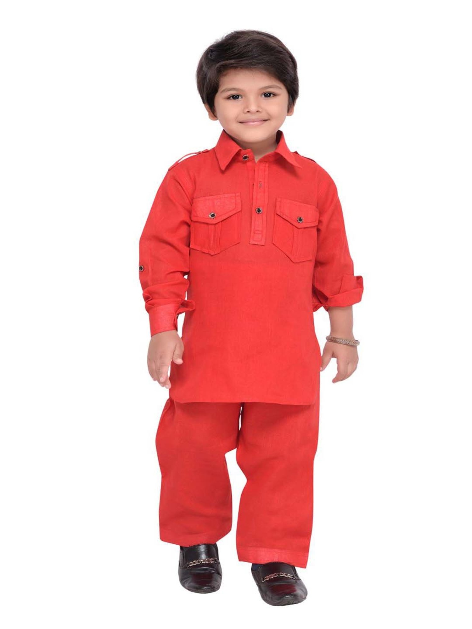 AJ Dezines Kids Red Regular Fit Full Sleeves Kurta Set