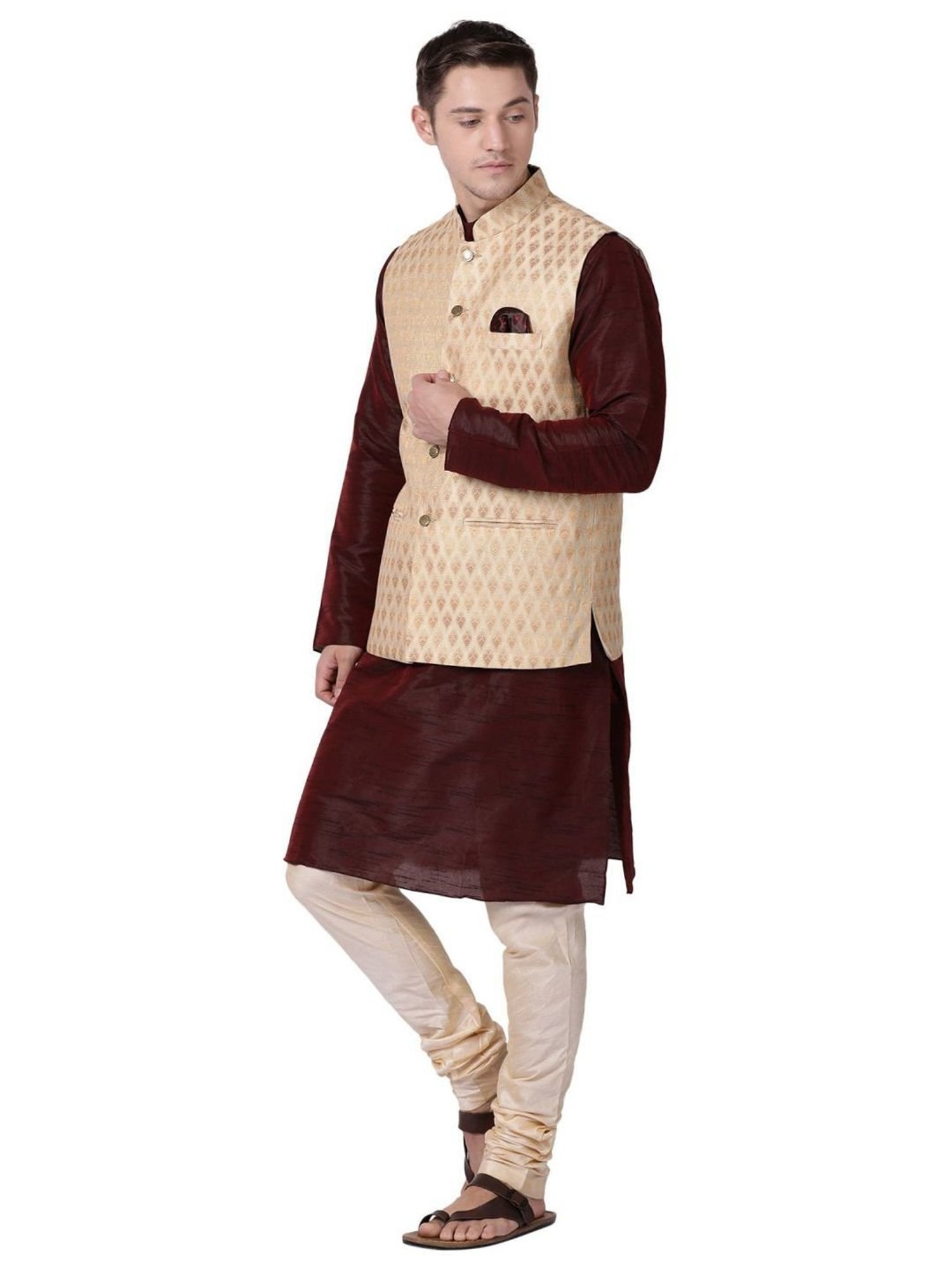 TABARD Beige Regular Self Pattern Nehru Jacket