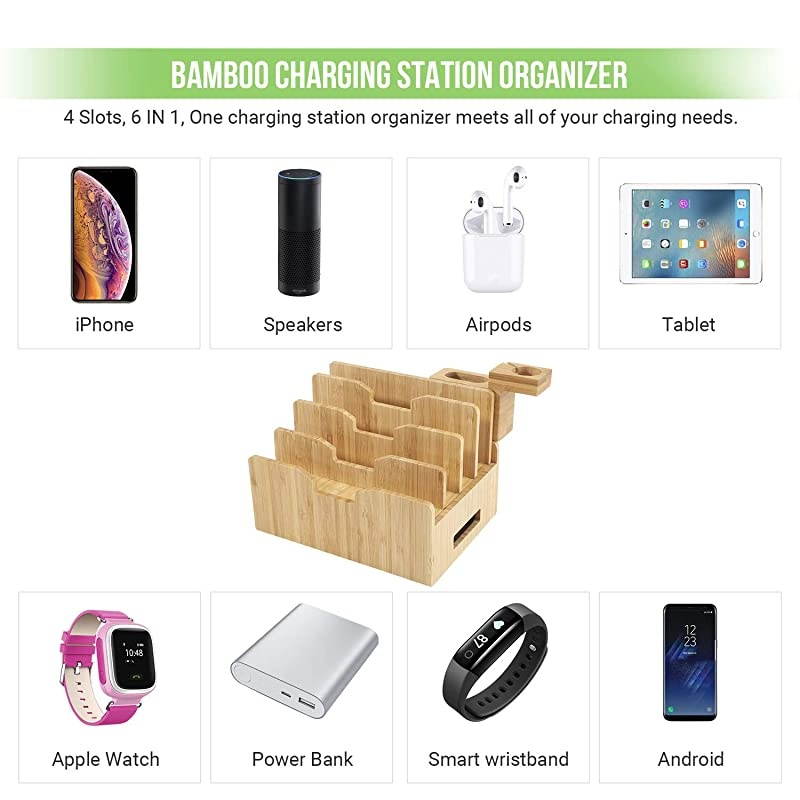 Charging Station for Multiple Devices with Integrated iWatch5 AirPods Pro Stand Desktop Charging Docking Station Organizer for iPhone 12 Tablet 5 Charging Cables IncludedNo Power Supply