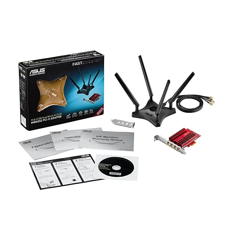 PCEAC88 DualBand 4x4 AC3100 WiFi PCIe adapter with Heat Sink and External magnetic antenna base allows flexible antenna placement to maximize coverage