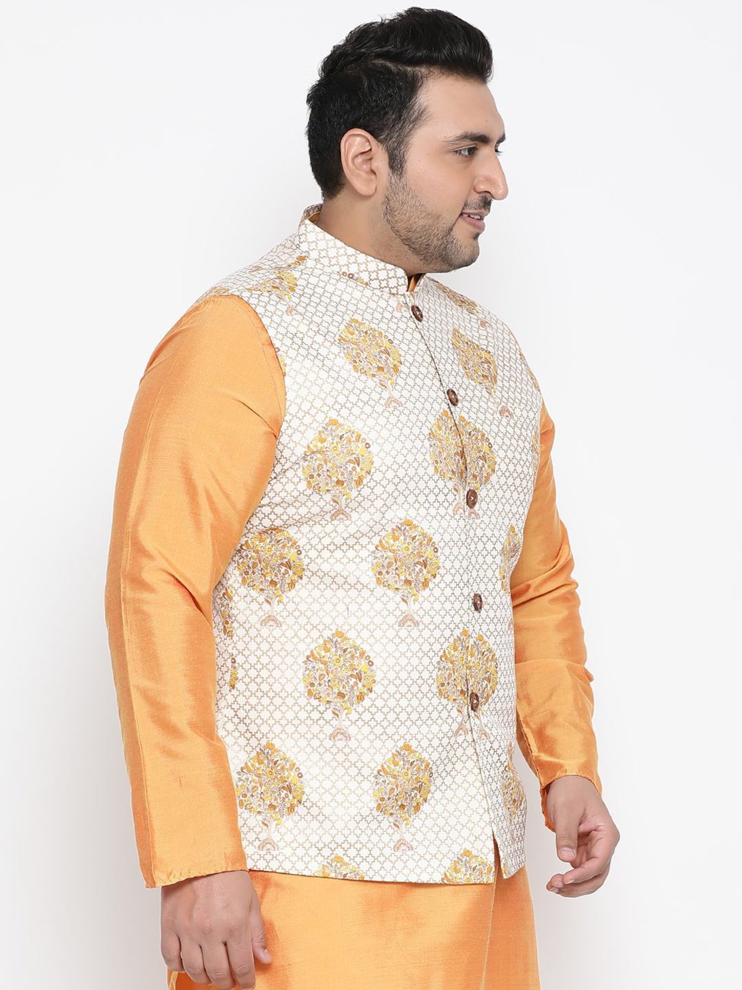 KISAH PLUS White Regular Fit Printed Nehru Jacket