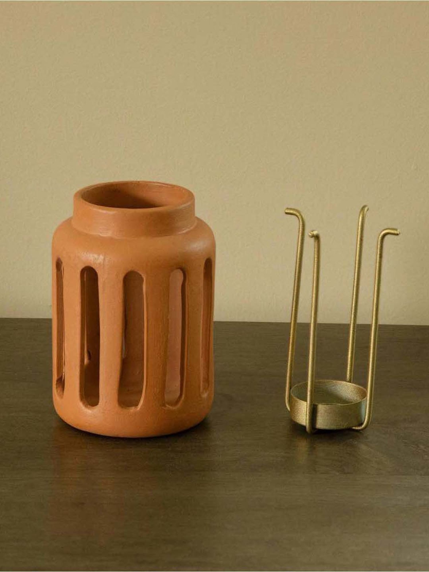 Ellementry Lupa Brown Terracotta Small Round Lantern with Metal Handle